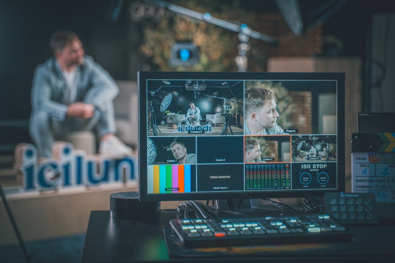 Production studio with a multi-screen display